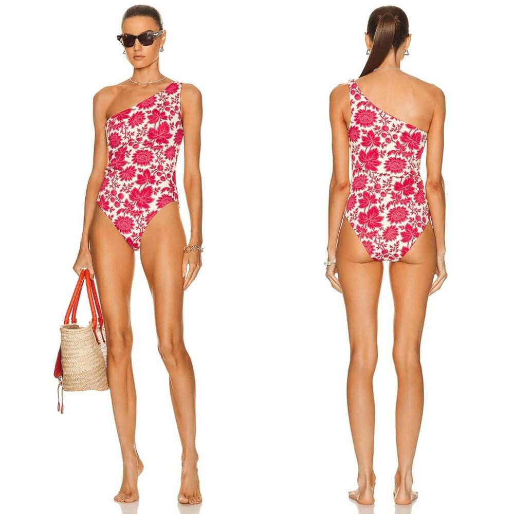 SIR. THE LABEL Francois Red Floral Gathered One Shoulder One Piece Swimsuit Sz 4
